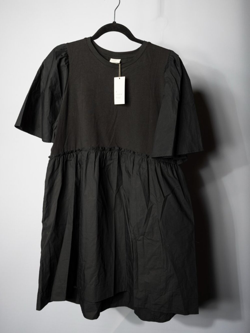 A New Day NWT Mixed Media Tee Dress Black Puff Sleeve Mini Size Large